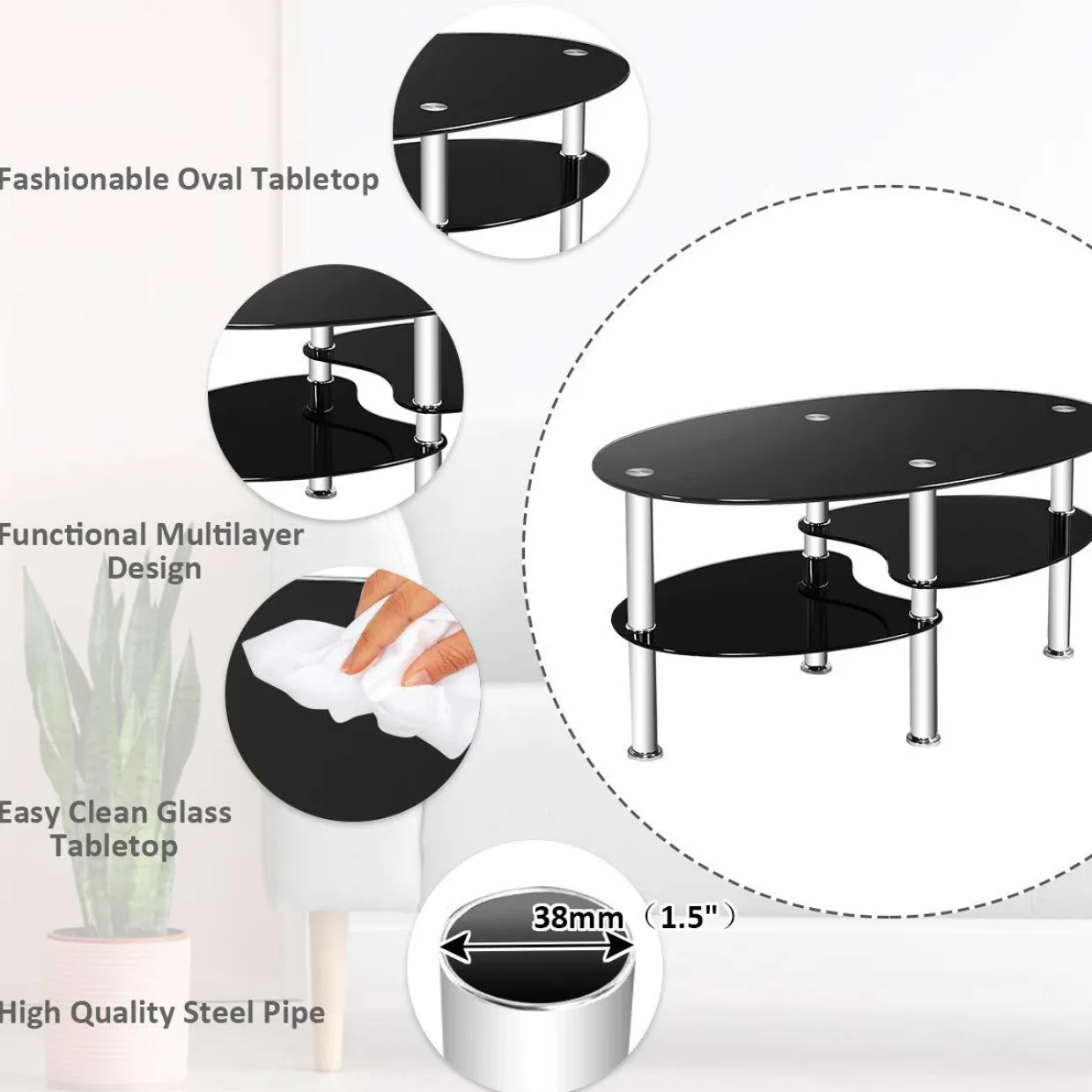 Glass Coffee Table, 2-Tier Modern Oval Smooth Glass Tea Table End Table