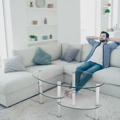 Glass Coffee Table, 2-Tier Modern Oval Smooth Glass Tea Table End Table
