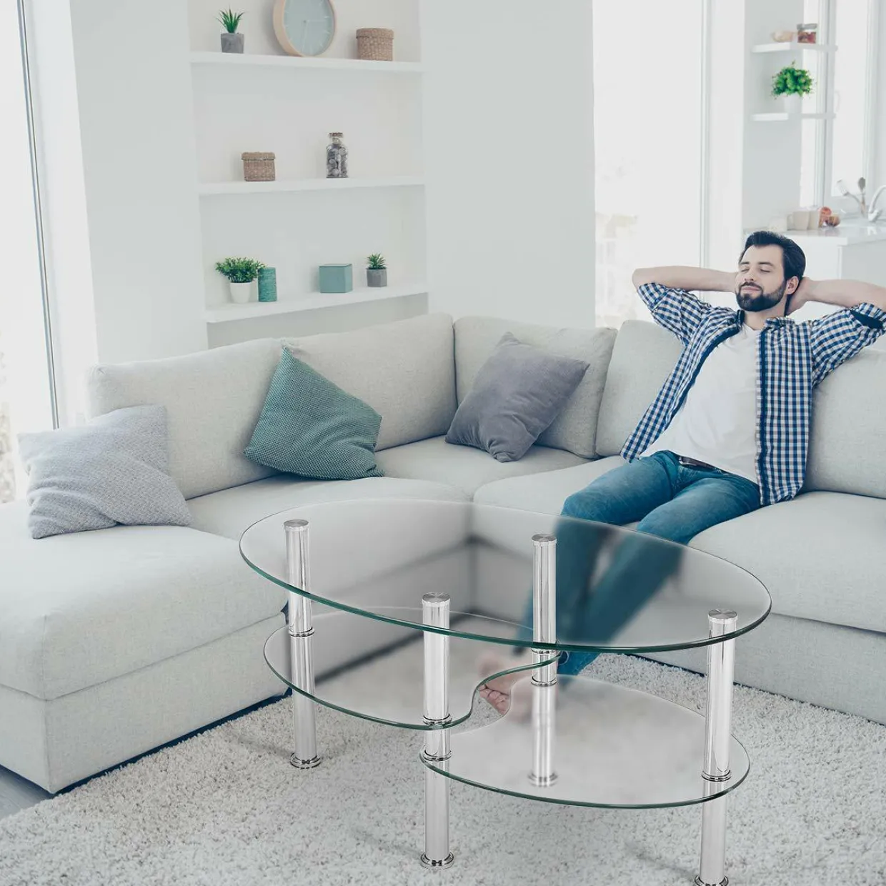 Glass Coffee Table, 2-Tier Modern Oval Smooth Glass Tea Table End Table