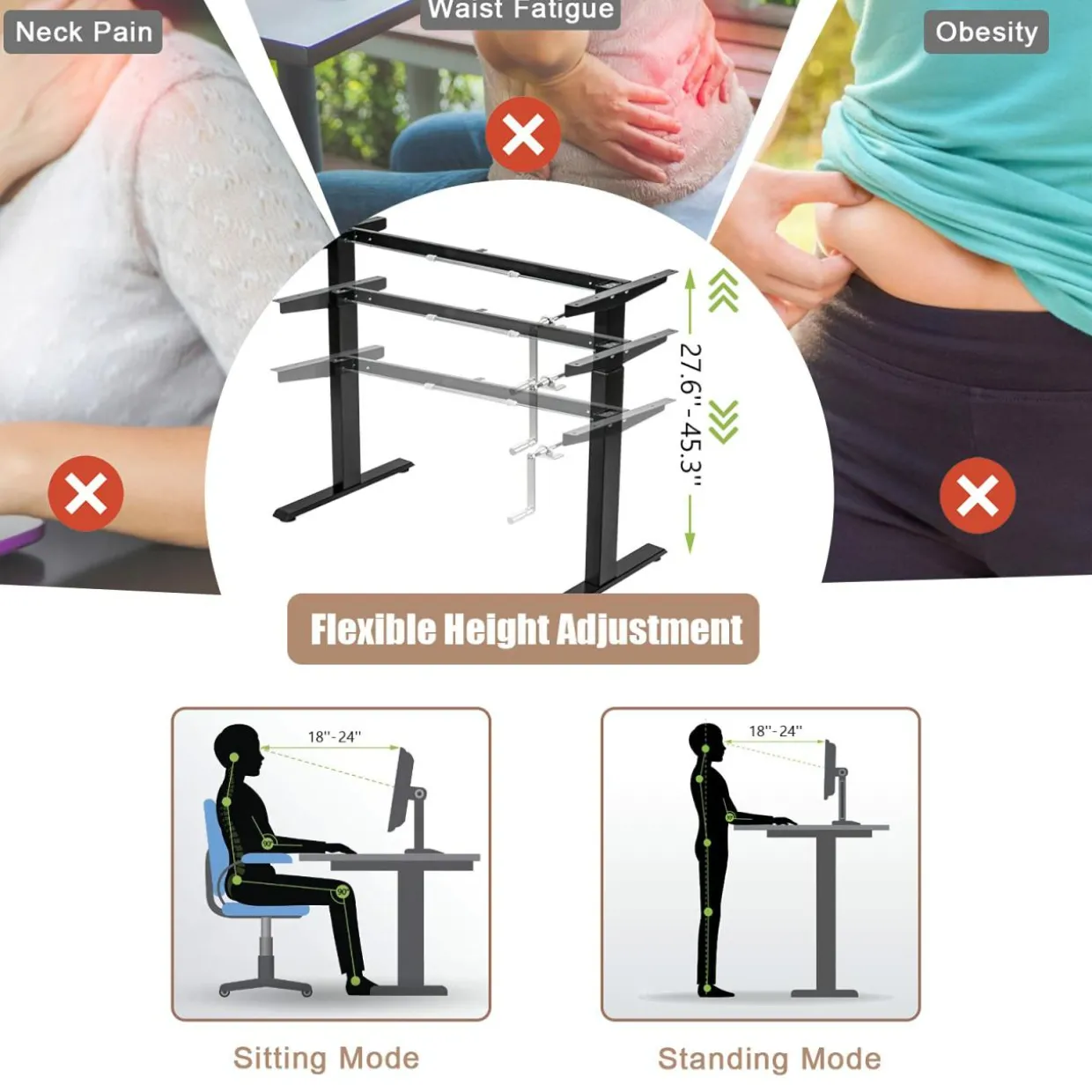 Hand Crank Stand Up Desk Frame, Manual Height Adjustable Standing Workstation with Foldable Crank Handle