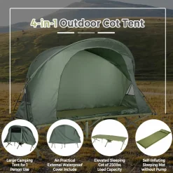 4-in-1 Camping Cot Tent for 1 Person, Foldable Elevated Tent Set, Portable Tent W/Waterproof External Cover