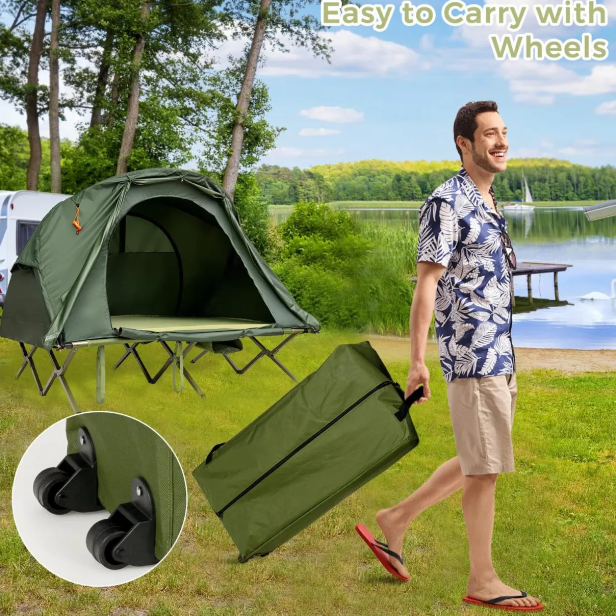 4-in-1 Folding Tent for 2 Persons W/Waterproof Cover & Self-Inflating Mattress & Roller Carrying Bag