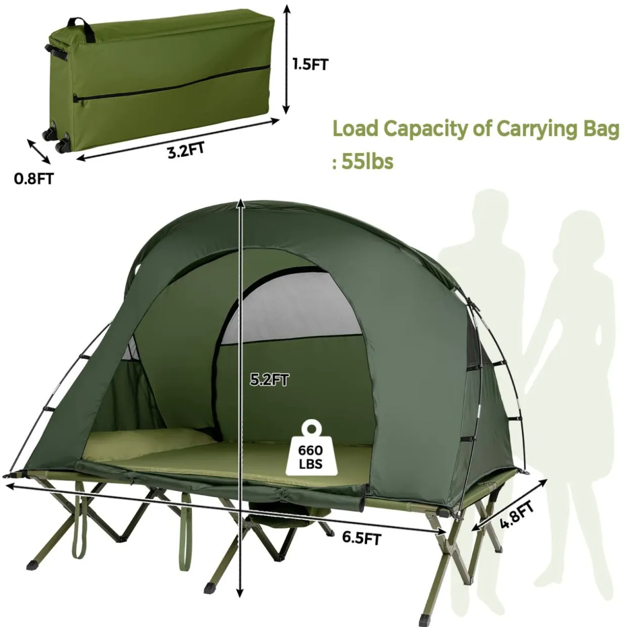 4-in-1 Folding Tent for 2 Persons W/Waterproof Cover & Self-Inflating Mattress & Roller Carrying Bag