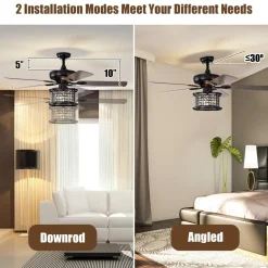 52-Inch Ceiling Fan Light, Reversible Fan Light with 3-Speed (Matte Black)