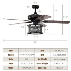 52-Inch Ceiling Fan Light, Reversible Fan Light with 3-Speed (Matte Black)