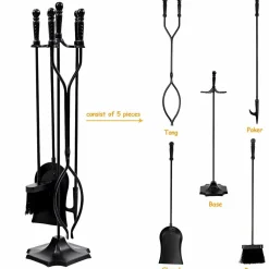32 inch Fireplace Set 5 Piece Rustic Heavy Duty Compact Wrought Iron Fire Place Tool Set with Pedestal Place