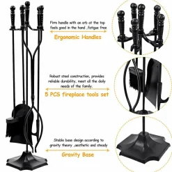 32 inch Fireplace Set 5 Piece Rustic Heavy Duty Compact Wrought Iron Fire Place Tool Set with Pedestal Place