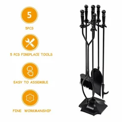 32 inch Fireplace Set 5 Piece Rustic Heavy Duty Compact Wrought Iron Fire Place Tool Set with Pedestal Place