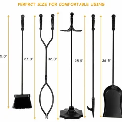 32 inch Fireplace Set 5 Piece Rustic Heavy Duty Compact Wrought Iron Fire Place Tool Set with Pedestal Place