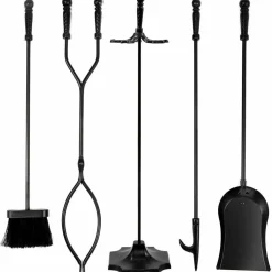 32 inch Fireplace Set 5 Piece Rustic Heavy Duty Compact Wrought Iron Fire Place Tool Set with Pedestal Place