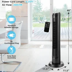 40 Inch Tower Fan with Remote, Oscillating Standing Fan with 3 Wind Modes