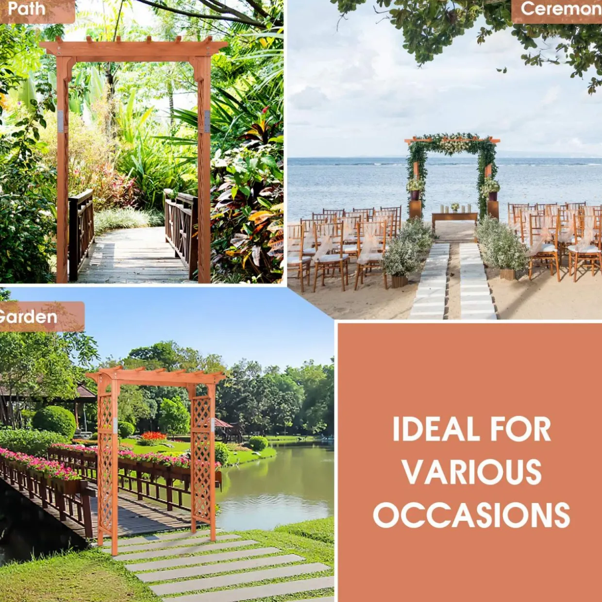 88-Inch Wooden Garden Arbor with Trellis, Decoration Outdoor Rose Arbor with Metal Connection