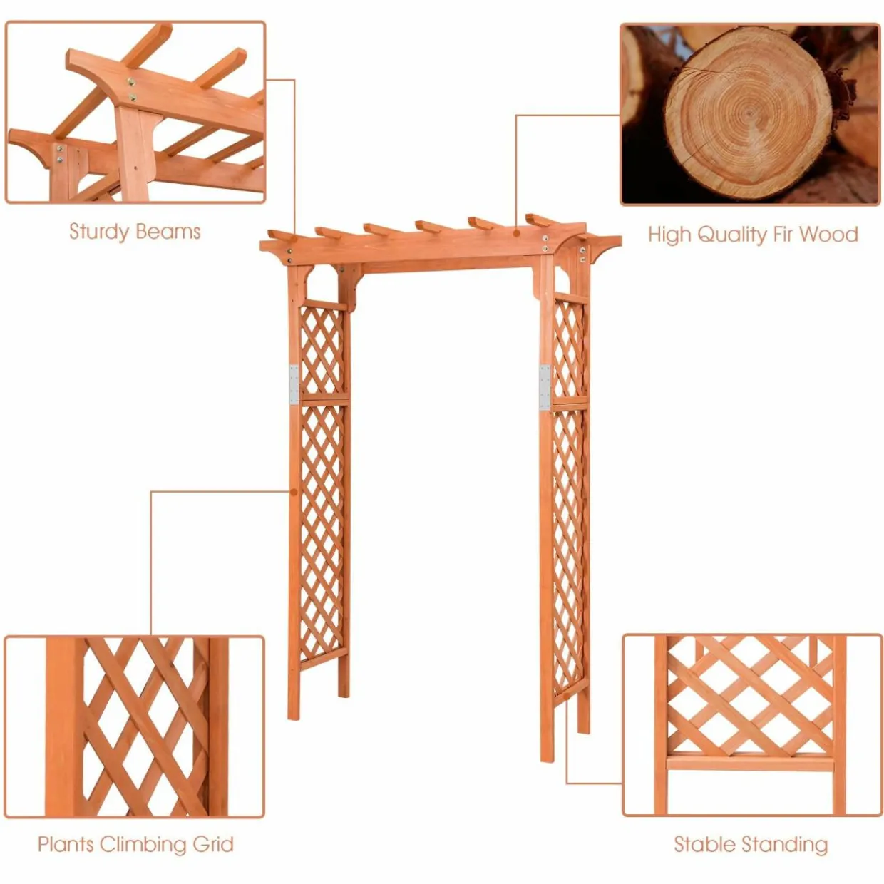 88-Inch Wooden Garden Arbor with Trellis, Decoration Outdoor Rose Arbor with Metal Connection