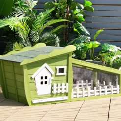 62 Inch Wooden Rabbit Hutch, Outdoor Chicken Coop with Asphalt Roof, Removable Tray