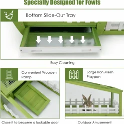 62 Inch Wooden Rabbit Hutch, Outdoor Chicken Coop with Asphalt Roof, Removable Tray