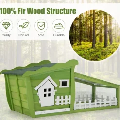 62 Inch Wooden Rabbit Hutch, Outdoor Chicken Coop with Asphalt Roof, Removable Tray