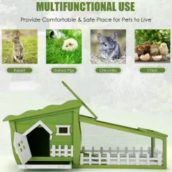 62 Inch Wooden Rabbit Hutch, Outdoor Chicken Coop with Asphalt Roof, Removable Tray