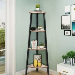 Industrial Corner Shelf, 4-Tier Ladder Bookshelf, Metal Frame Storage Rack
