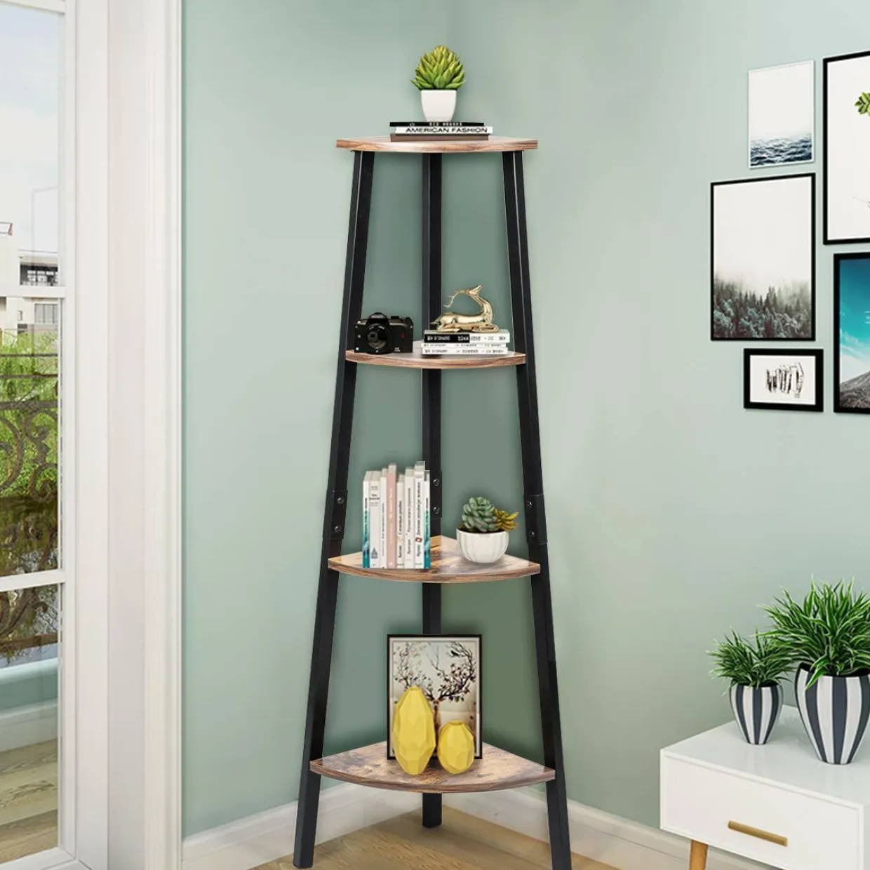 Industrial Corner Shelf, 4-Tier Ladder Bookshelf, Metal Frame Storage Rack