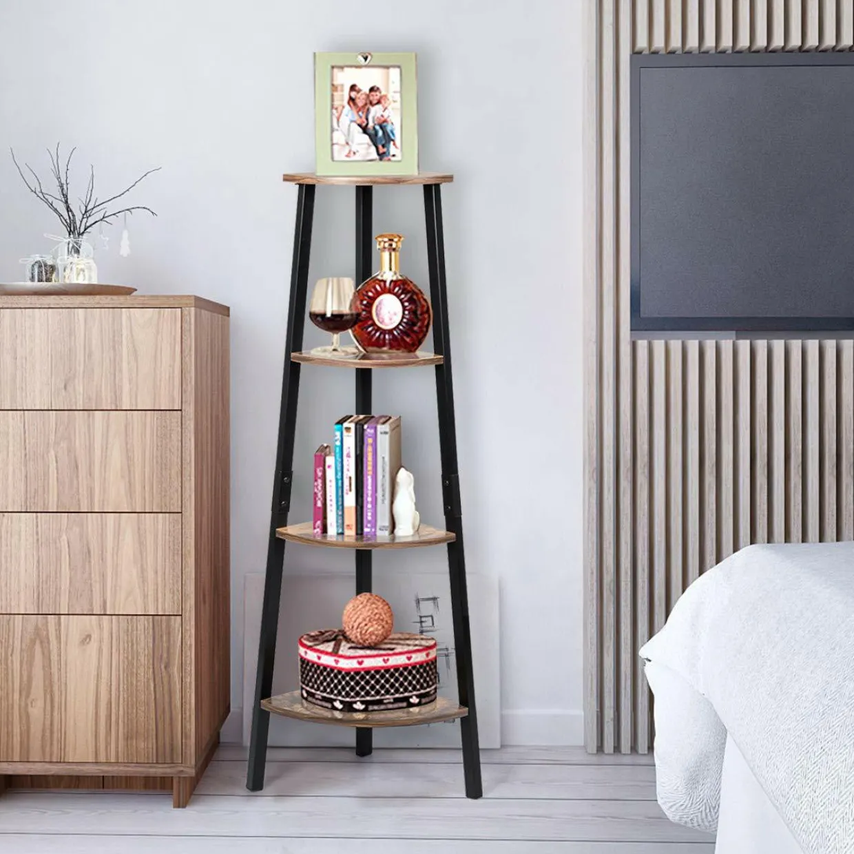 Industrial Corner Shelf, 4-Tier Ladder Bookshelf, Metal Frame Storage Rack