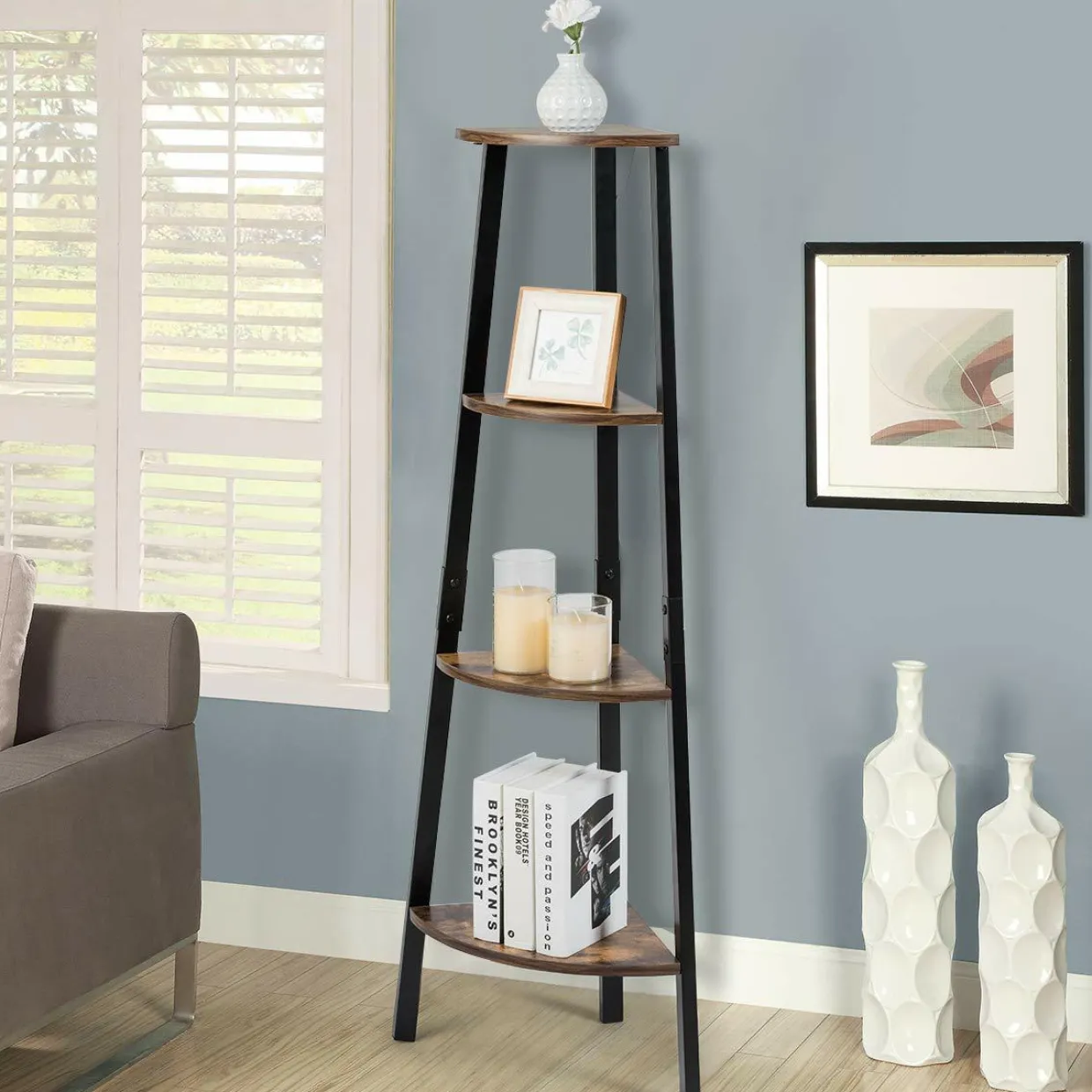 Industrial Corner Shelf, 4-Tier Ladder Bookshelf, Metal Frame Storage Rack