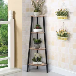 Industrial Corner Shelf, 4-Tier Ladder Bookshelf, Metal Frame Storage Rack