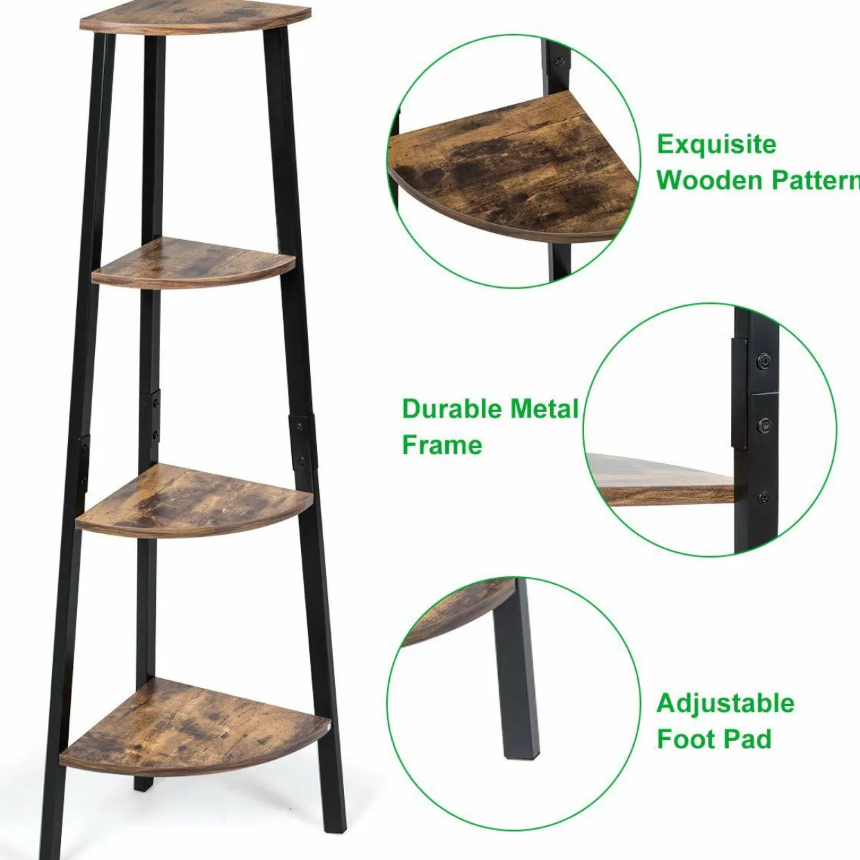 Industrial Corner Shelf, 4-Tier Ladder Bookshelf, Metal Frame Storage Rack