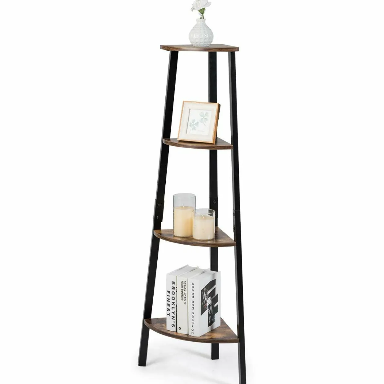 Industrial Corner Shelf, 4-Tier Ladder Bookshelf, Metal Frame Storage Rack