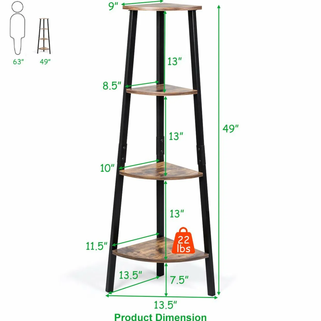 Industrial Corner Shelf, 4-Tier Ladder Bookshelf, Metal Frame Storage Rack