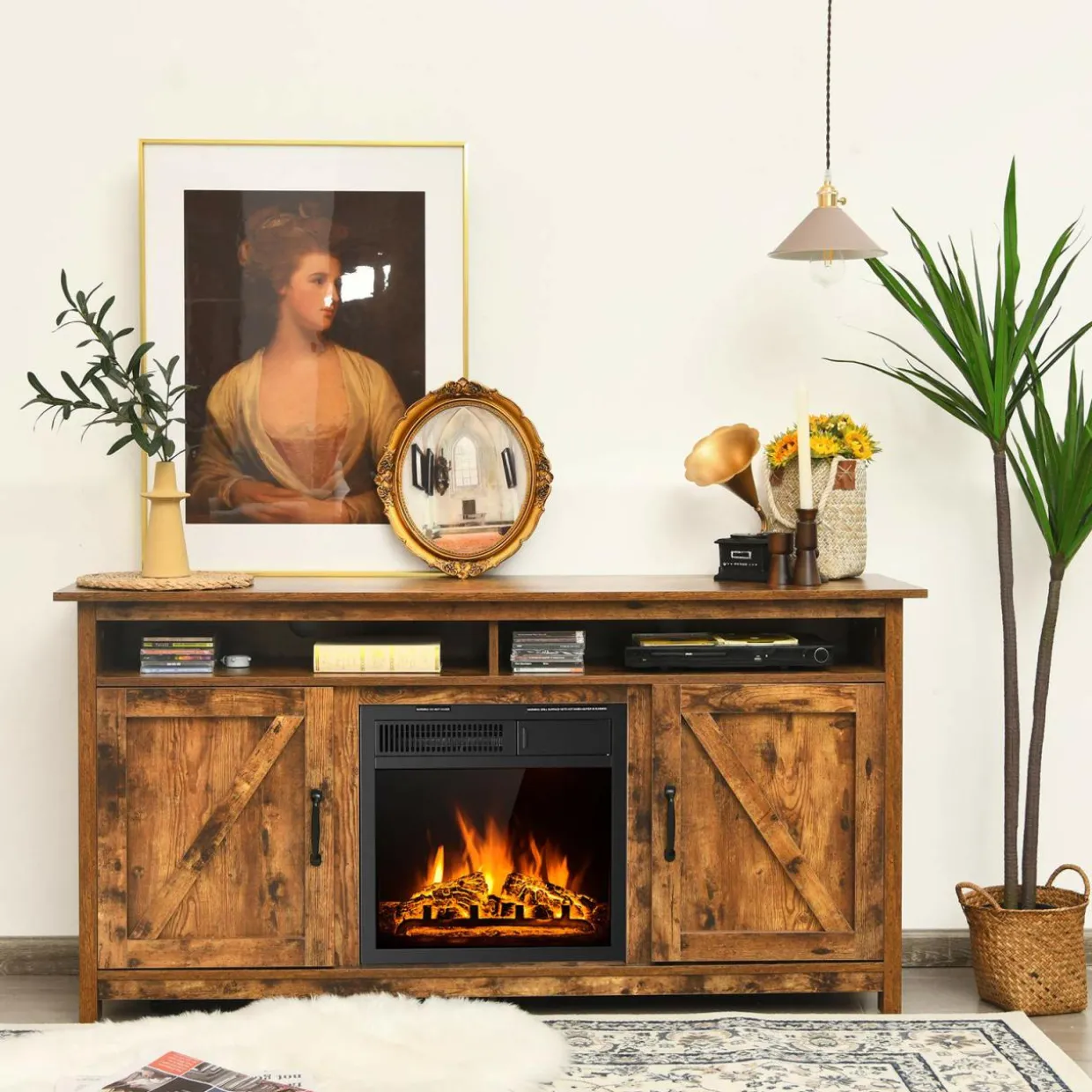 Industrial Fireplace TV Stand for TVs Up to 65 Inches, Entertainment Center