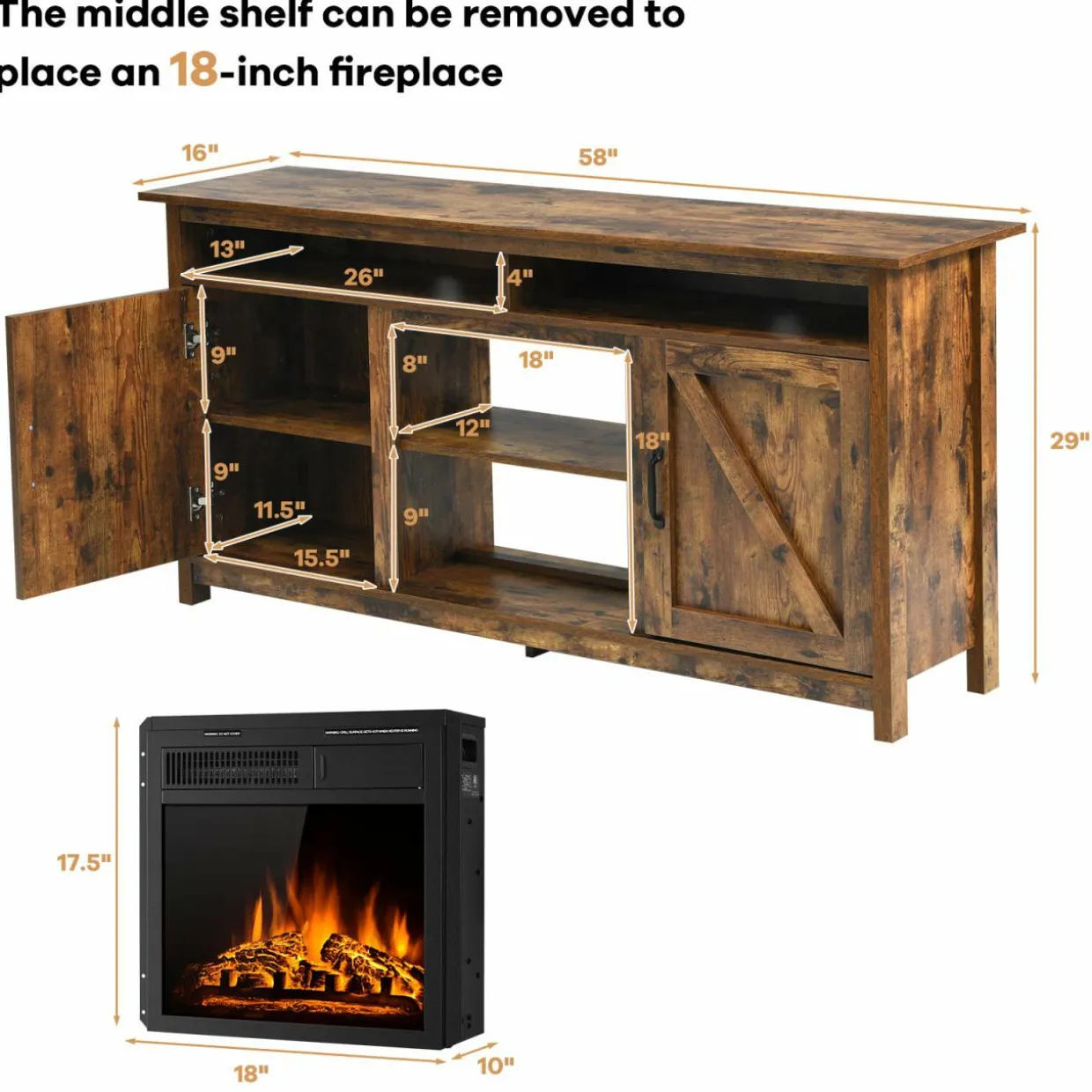 Industrial Fireplace TV Stand for TVs Up to 65 Inches, Entertainment Center