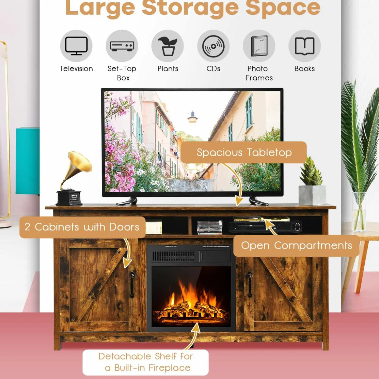 Industrial Fireplace TV Stand for TVs Up to 65 Inches, Entertainment Center
