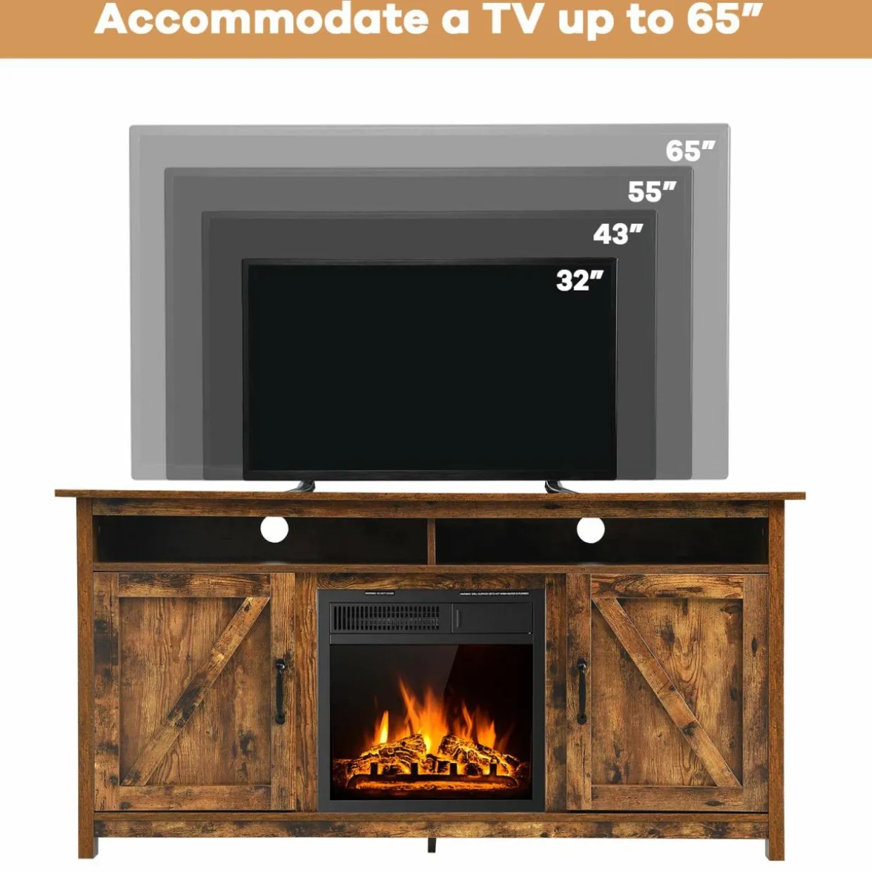 Industrial Fireplace TV Stand for TVs Up to 65 Inches, Entertainment Center