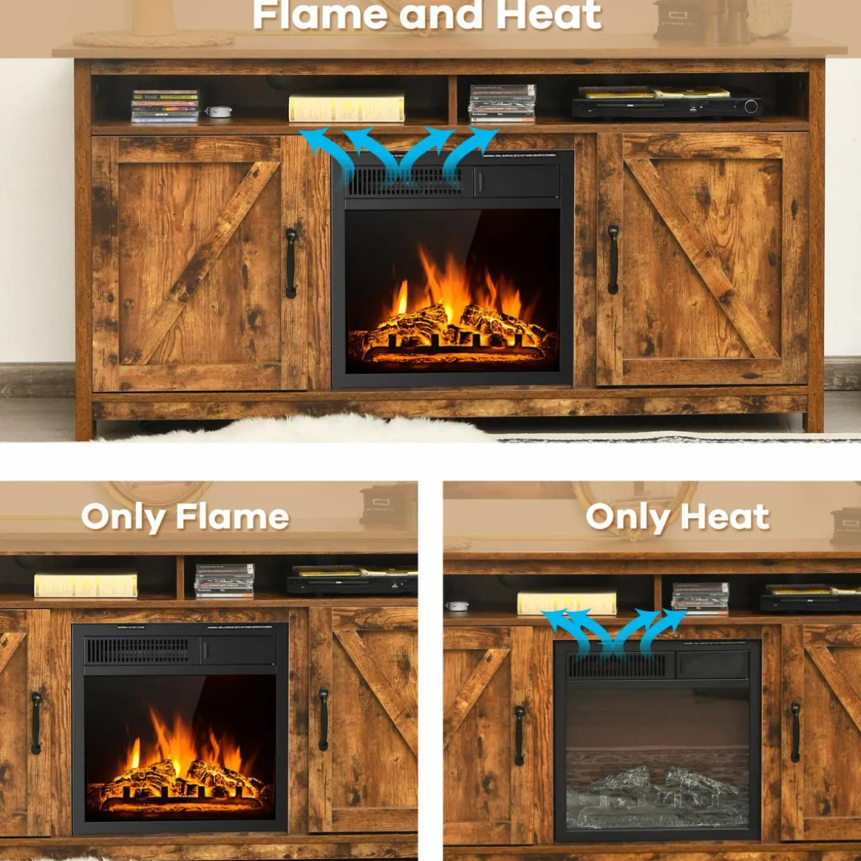 Industrial Fireplace TV Stand for TVs Up to 65 Inches, Entertainment Center