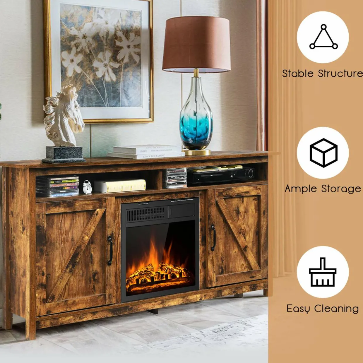 Industrial Fireplace TV Stand for TVs Up to 65 Inches, Entertainment Center