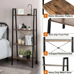 Industrial Ladder Shelf, 4-Tier Retro Metal Frame Bookshelf