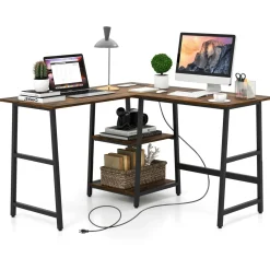 L Shaped Desk, Space Saving Corner Desk w/ 2 Tier Storage Shelves