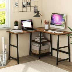 L Shaped Desk, Space Saving Corner Desk w/ 2 Tier Storage Shelves