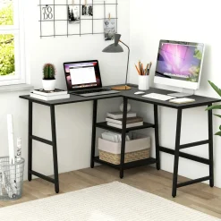 L Shaped Desk, Space Saving Corner Desk w/ 2 Tier Storage Shelves