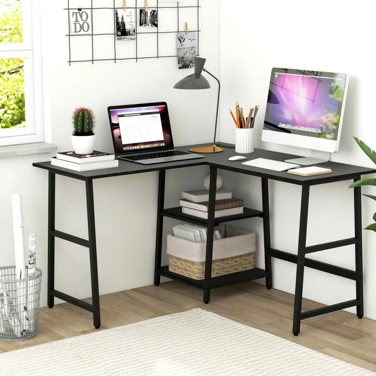 L Shaped Desk, Space Saving Corner Desk w/ 2 Tier Storage Shelves