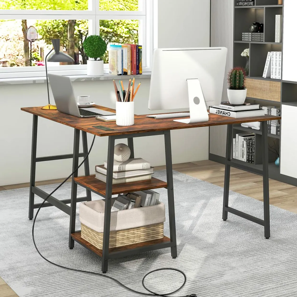 L Shaped Desk, Space Saving Corner Desk w/ 2 Tier Storage Shelves