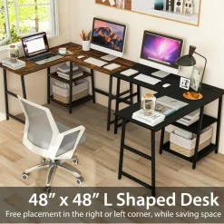 L Shaped Desk, Space Saving Corner Desk w/ 2 Tier Storage Shelves