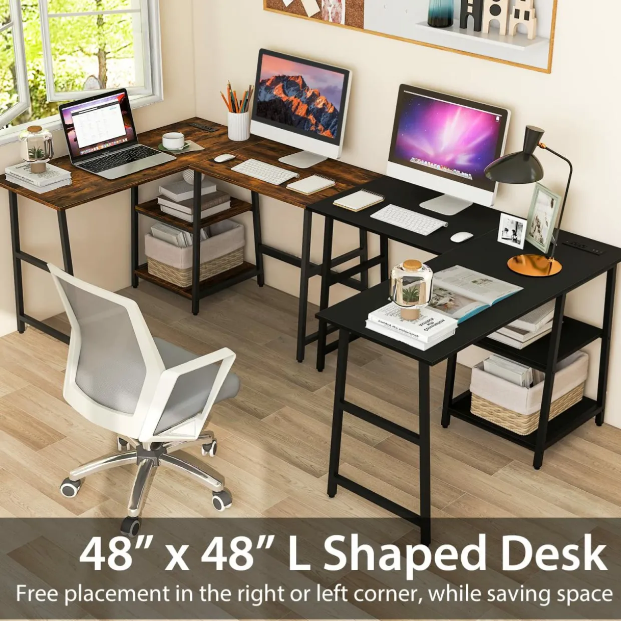 L Shaped Desk, Space Saving Corner Desk w/ 2 Tier Storage Shelves