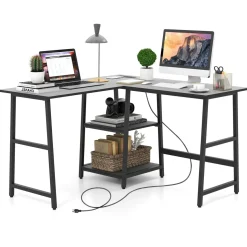 L Shaped Desk, Space Saving Corner Desk w/ 2 Tier Storage Shelves