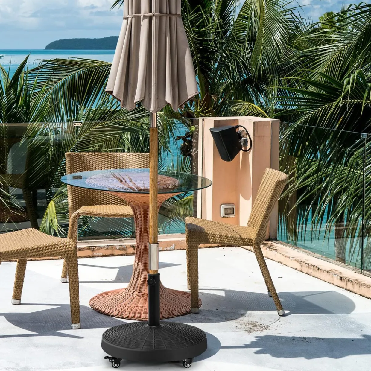 50 LBS Patio Umbrella Base, Round Outdoor Umbrella Stand W/Lockable Wheels