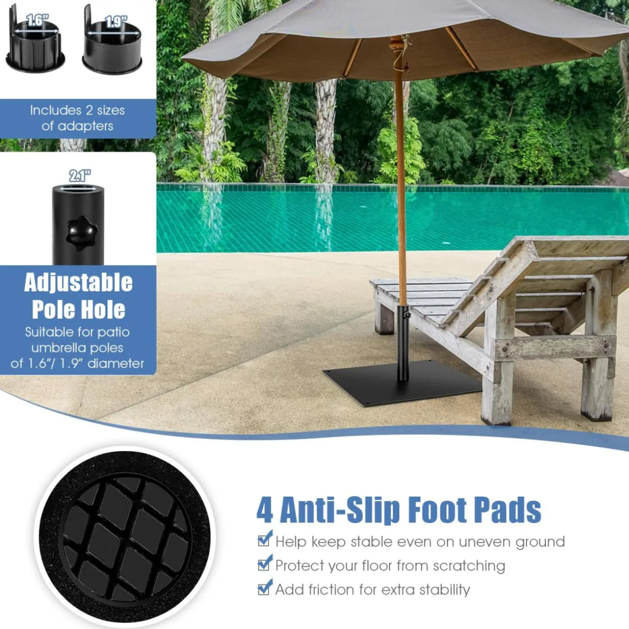 42 LBS Patio Umbrella Base, 25 Inches Heavy Duty, 1.6"-1.9" Adapters (Black)