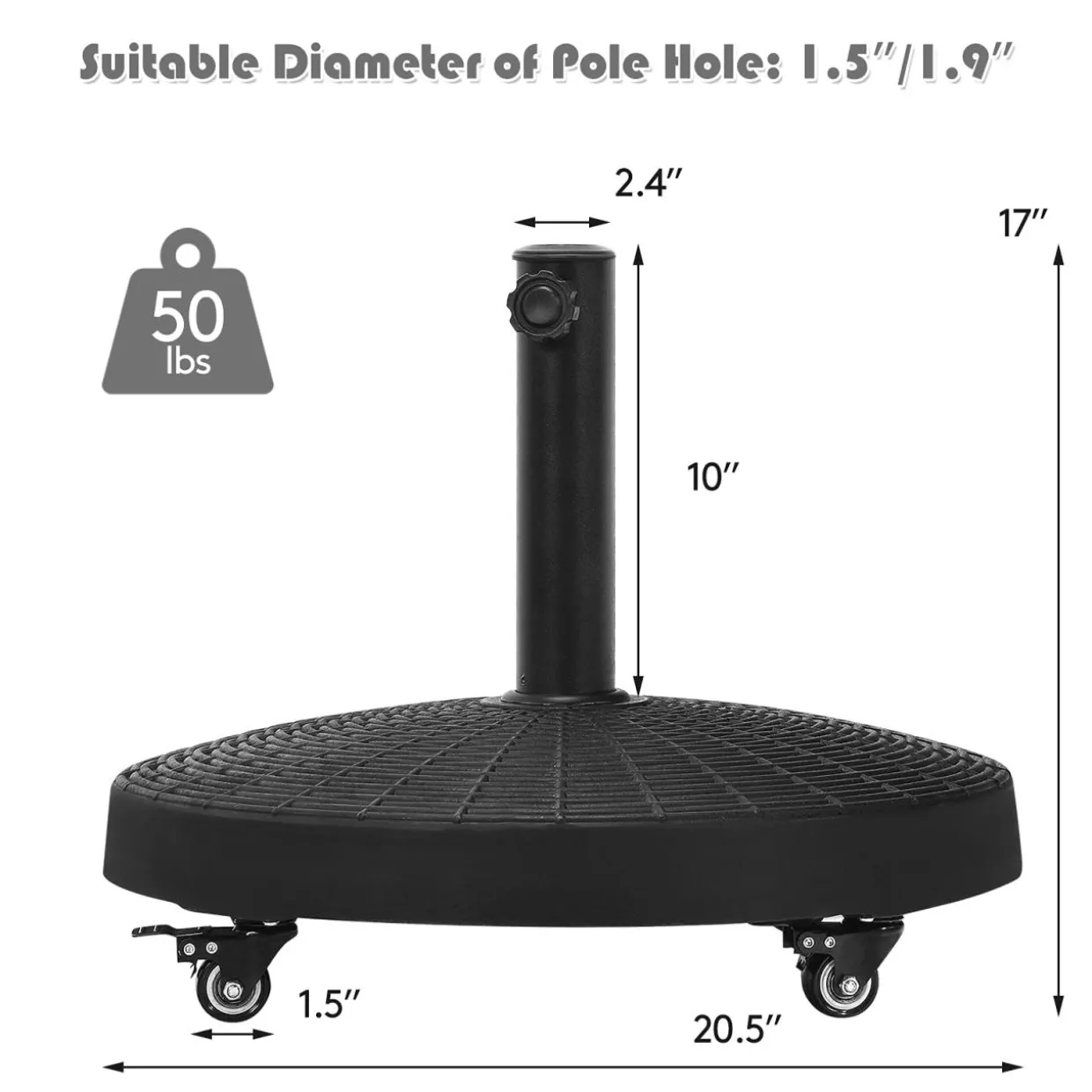 50 LBS Patio Umbrella Base, Round Outdoor Umbrella Stand W/Lockable Wheels