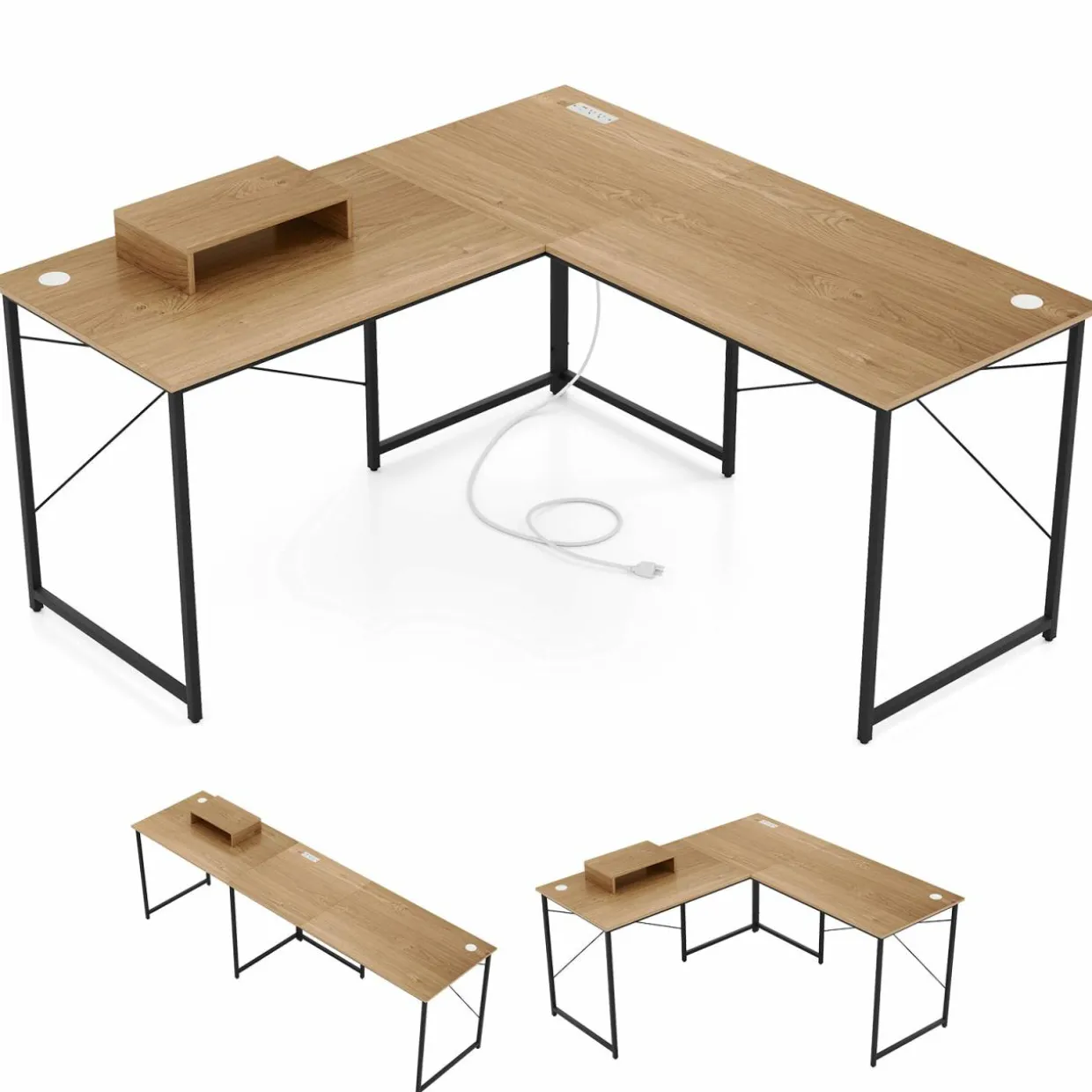 L-Shaped Computer Desk with Power Outlets