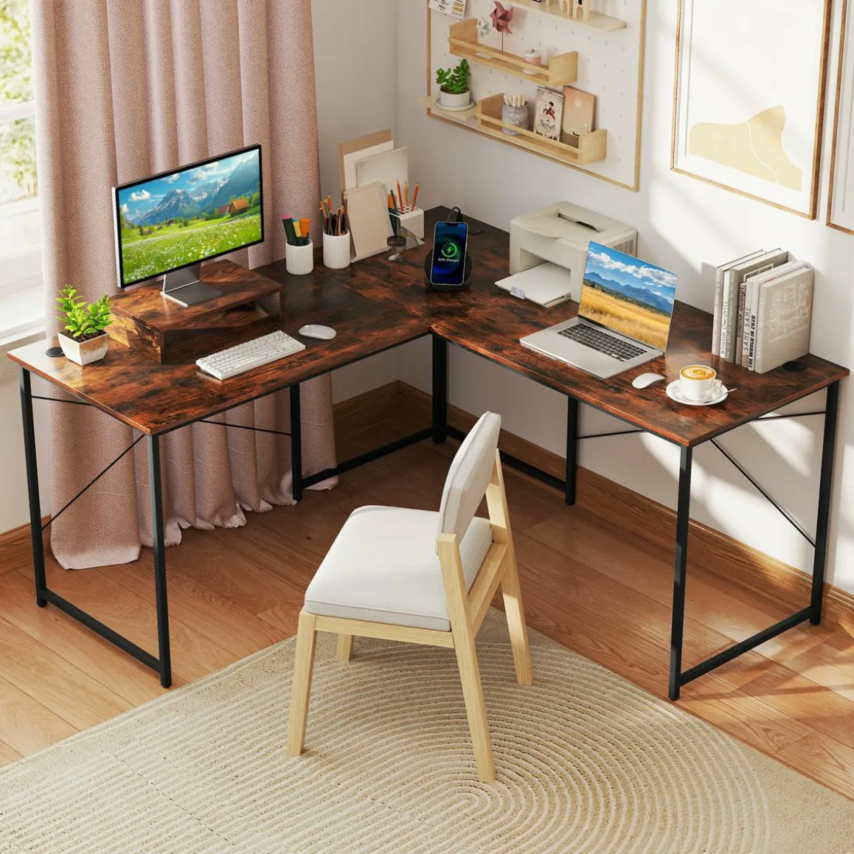 L-Shaped Computer Desk with Power Outlets