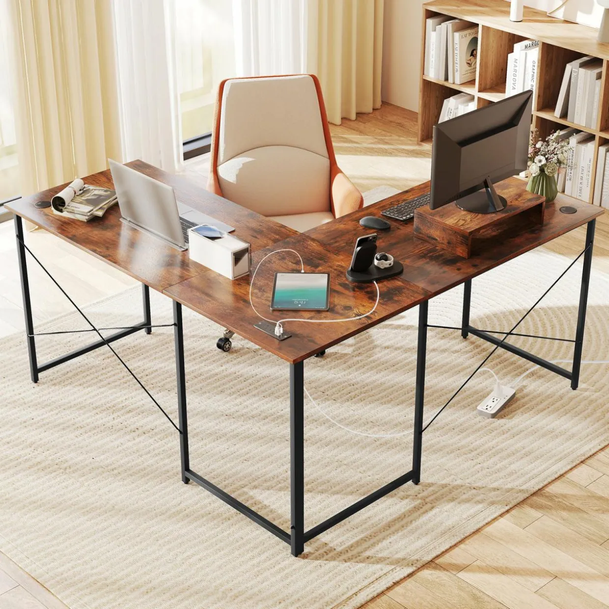L-Shaped Computer Desk with Power Outlets